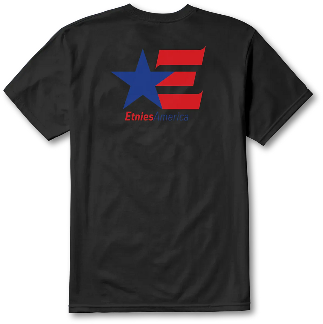 étnies America Tee black – classic skate t-shirt with red, white & blue logo print on soft cotton.