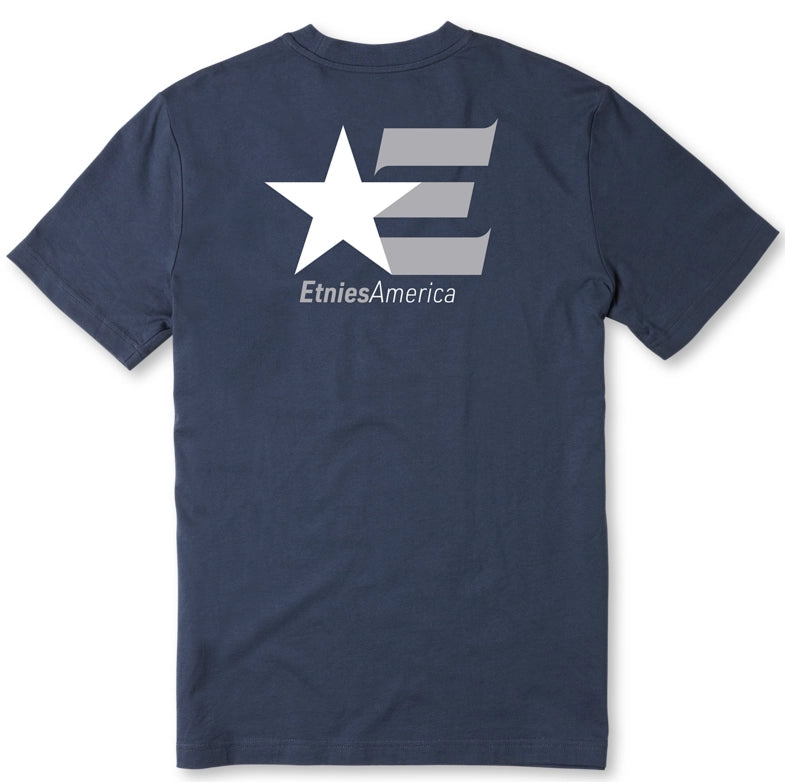 Etnies America navy skate t-shirt with white logo front and back