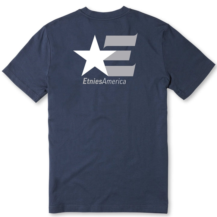 Etnies America navy skate t-shirt with white logo front and back