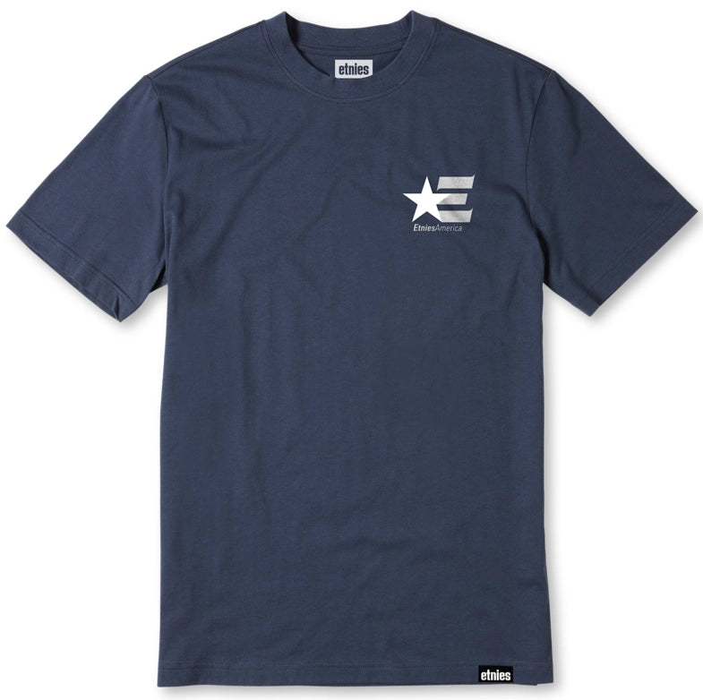Navy blue t-shirt with a logo on the chest against a white background