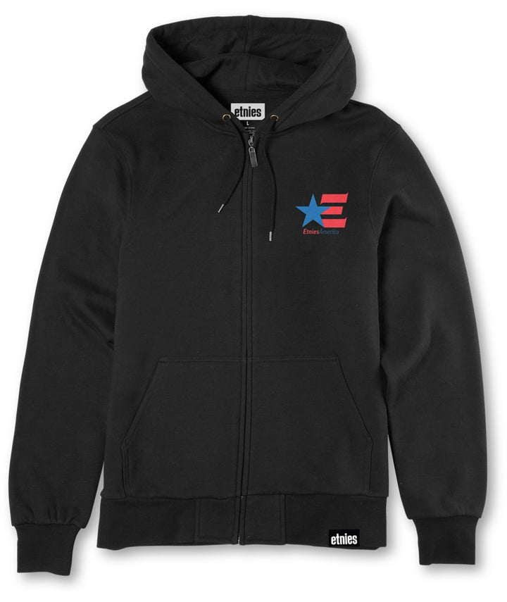 Black hoodie with a logo on the chest against a white background