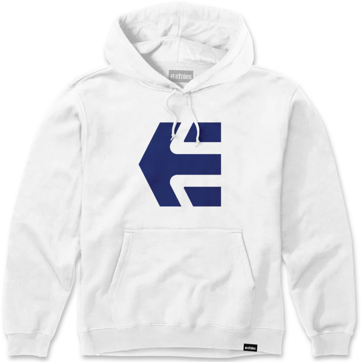 etnies Classic Icon Hoodie in white with blue embroidered logo on chest, adjustable hood, and front pouch pocket.
