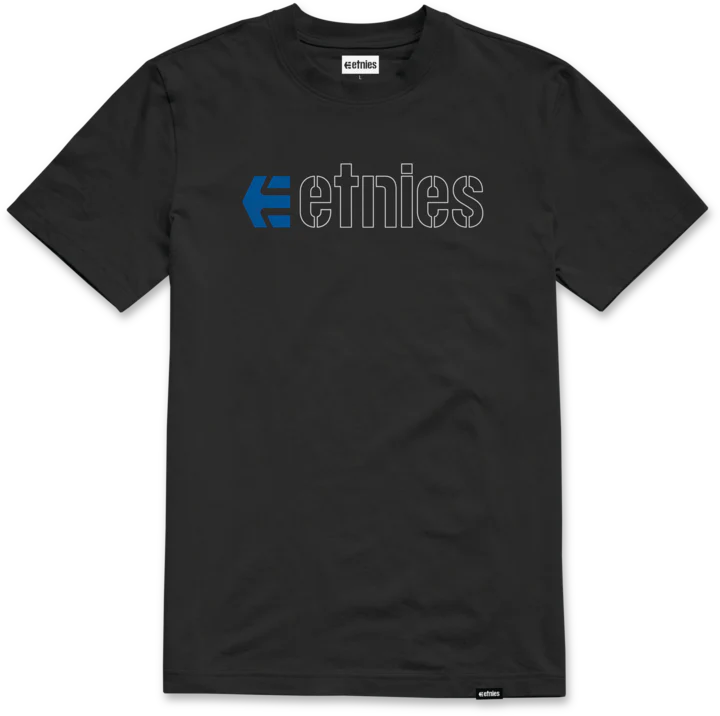 etnies eCorp Tee in black with blue and white logo graphic, made from soft cotton and built for daily skate wear and classic style.
