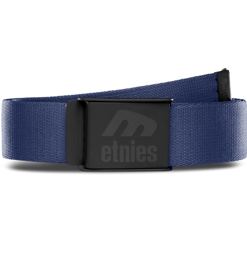 Blue belt with black buckle featuring Etnies logo on a white background
