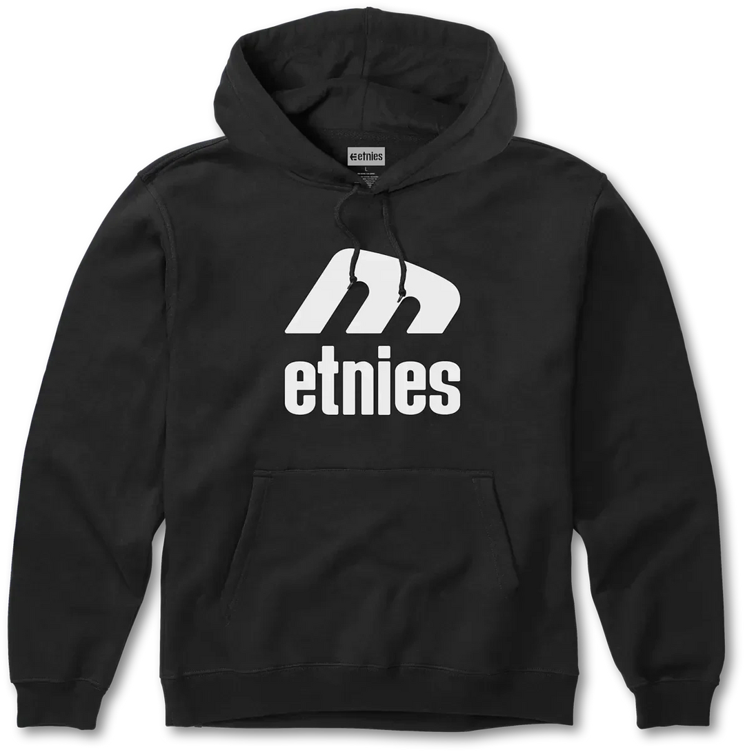 étnies Icon E Hoodie black – heavyweight 10 oz fleece skate hoodie with bold white étnies logo print.