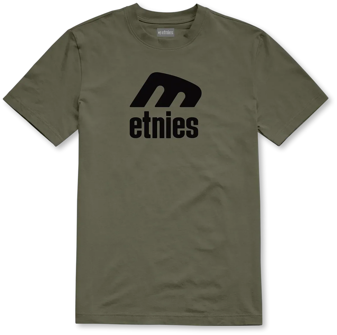 étnies Icon E Tee military green – classic skate t-shirt with black logo and soft ring-spun cotton feel.