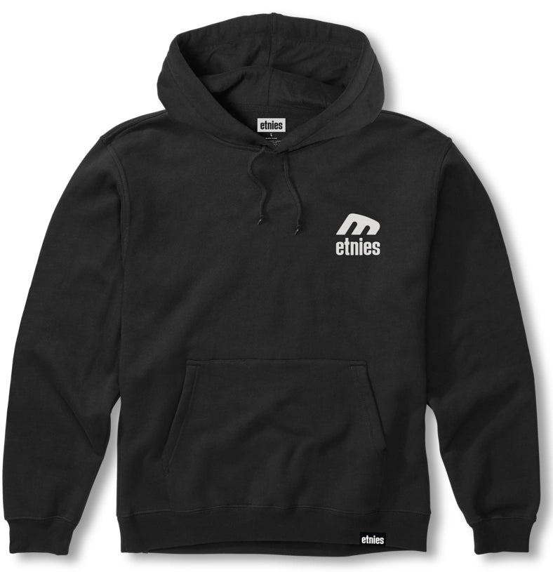 Etnies Icon black hoodie with white chest logo and kangaroo pocket