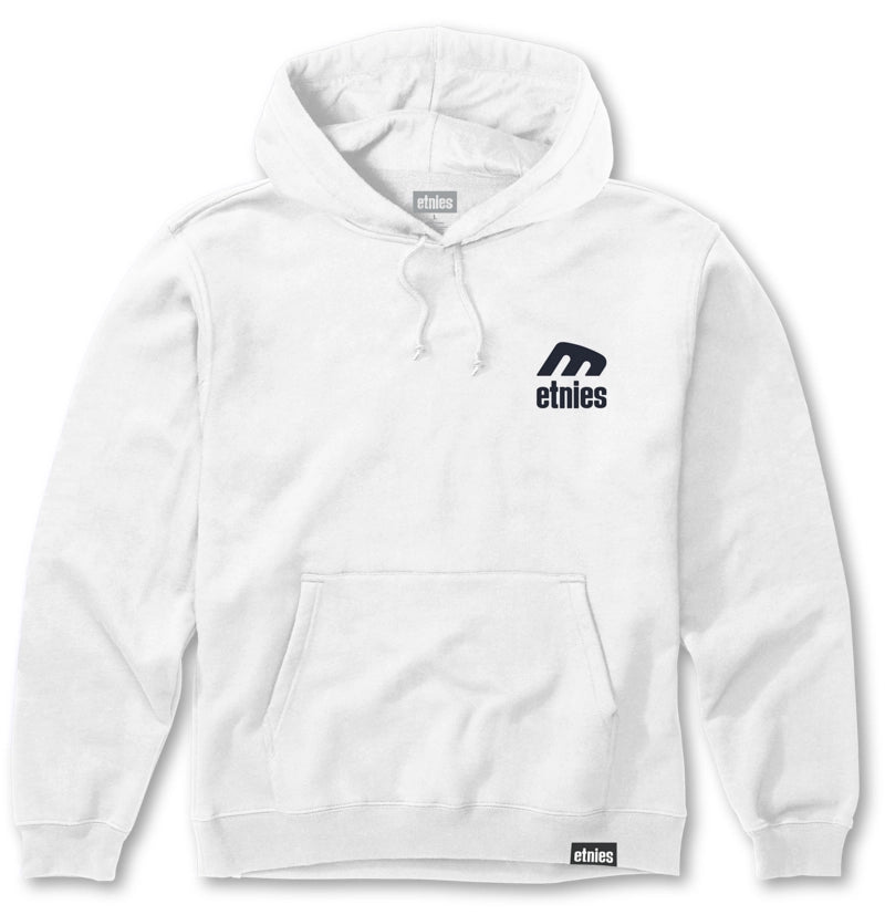 Etnies Icon white hoodie with navy chest logo and kangaroo pocket
