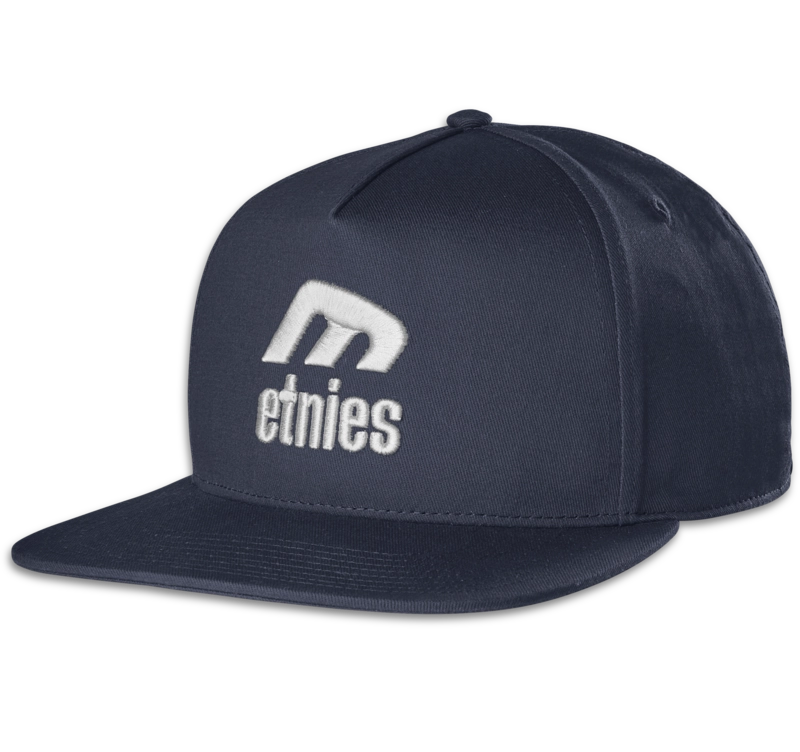 Etnies navy snapback hat with white embroidered logo and flat brim