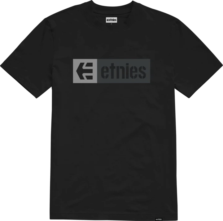 etnies New Box Tee in black with grey and light grey box logo graphic printed across the chest.