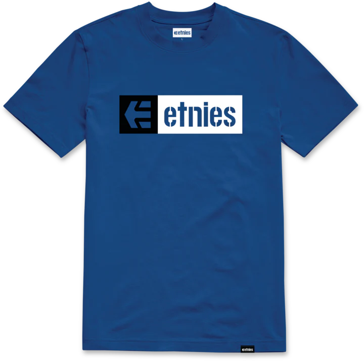 etnies New Box Tee in royal blue with bold black and white box logo across the chest.