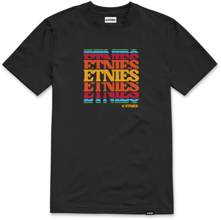 Etnies Stack Retro Tee in Black with bold multi-color stacked logo, classic skate fit, and vintage streetwear vibes.