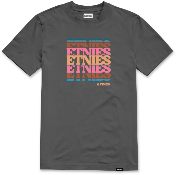 etnies Stack Retro Tee in charcoal with multicolor stacked logo design on front