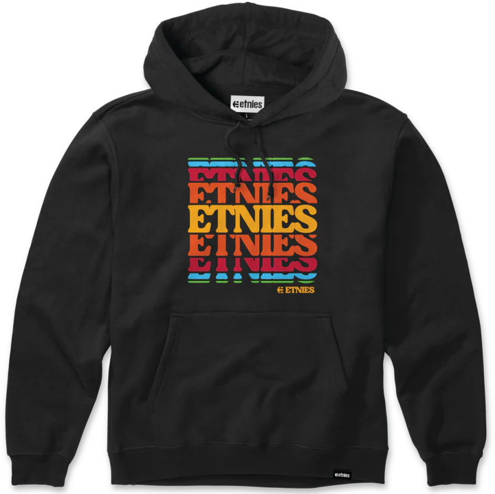 Etnies Stack Retro Hoodie in Black featuring multi-color stacked logo, soft fleece, and classic skate fit.