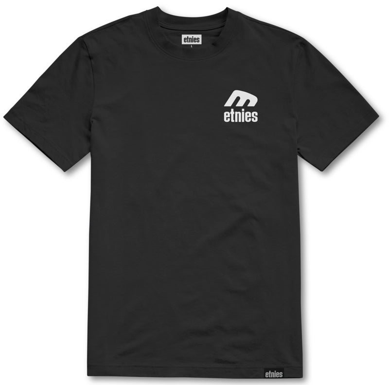 Black etnies t-shirt with a white logo on a white background
