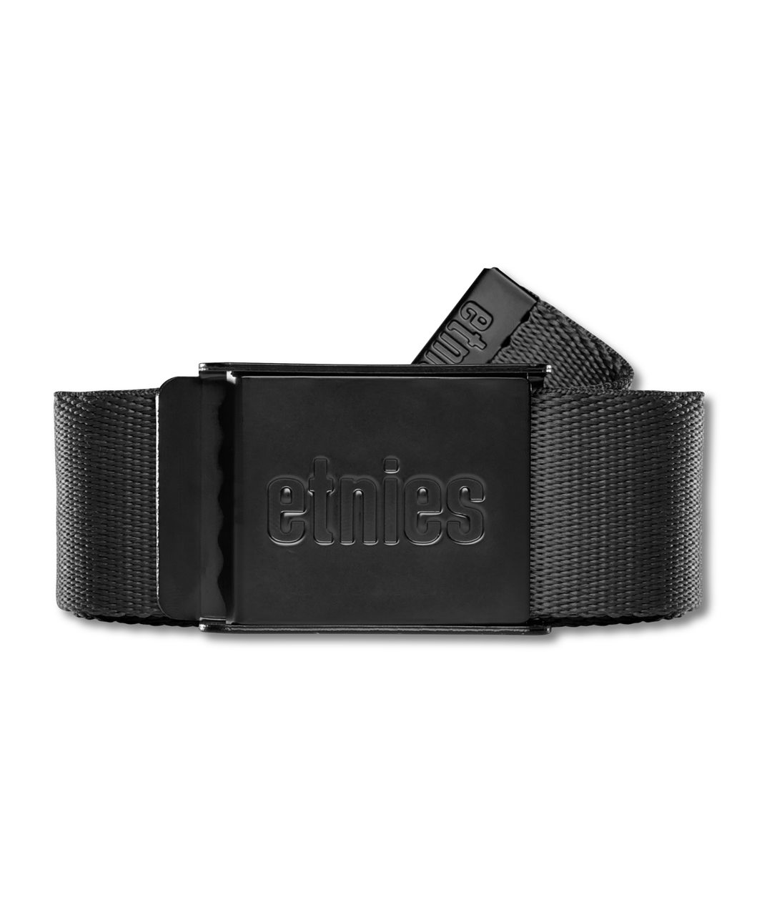 A black woven nylon belt with a matte black metal buckle featuring the embossed brand name 'etnies'.