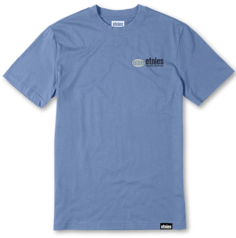 Etnies Worldwide Stone Blue skate t-shirt with globe graphic back