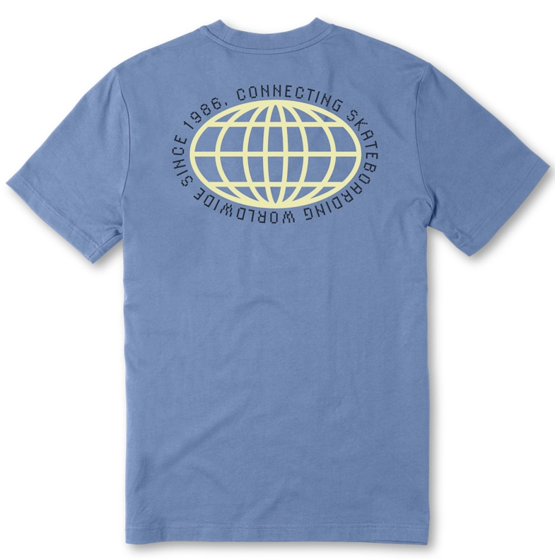 Blue t-shirt with a globe design and text on the back against a white background