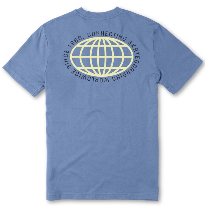 Blue t-shirt with a globe design and text on the back against a white background