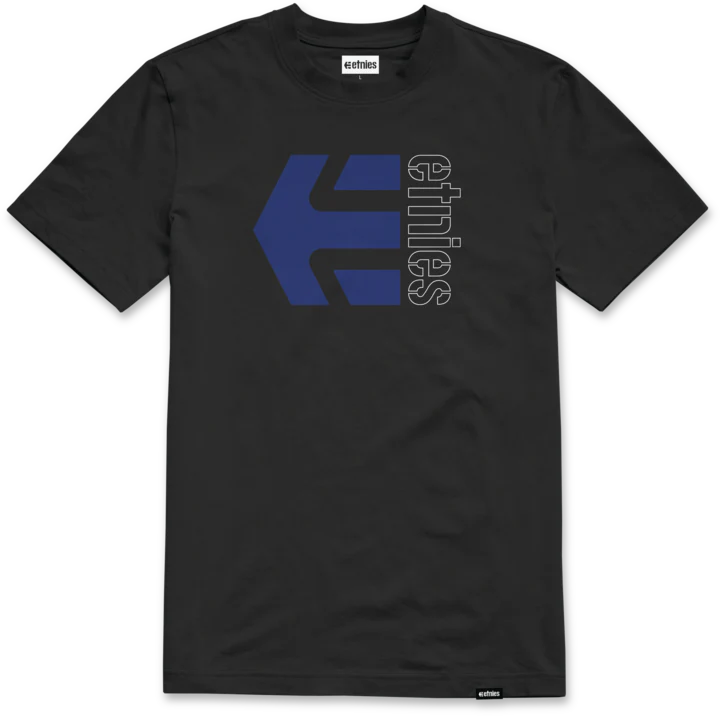 etnies Corp Combo Tee in black with bold blue arrow logo and white outlined branding on the chest, classic fit cotton skate shirt.