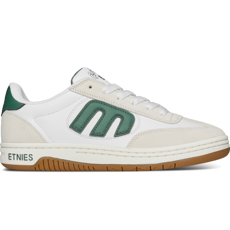 etnies x Andy Anderson Locut White Green low-top skate shoes with green E logo