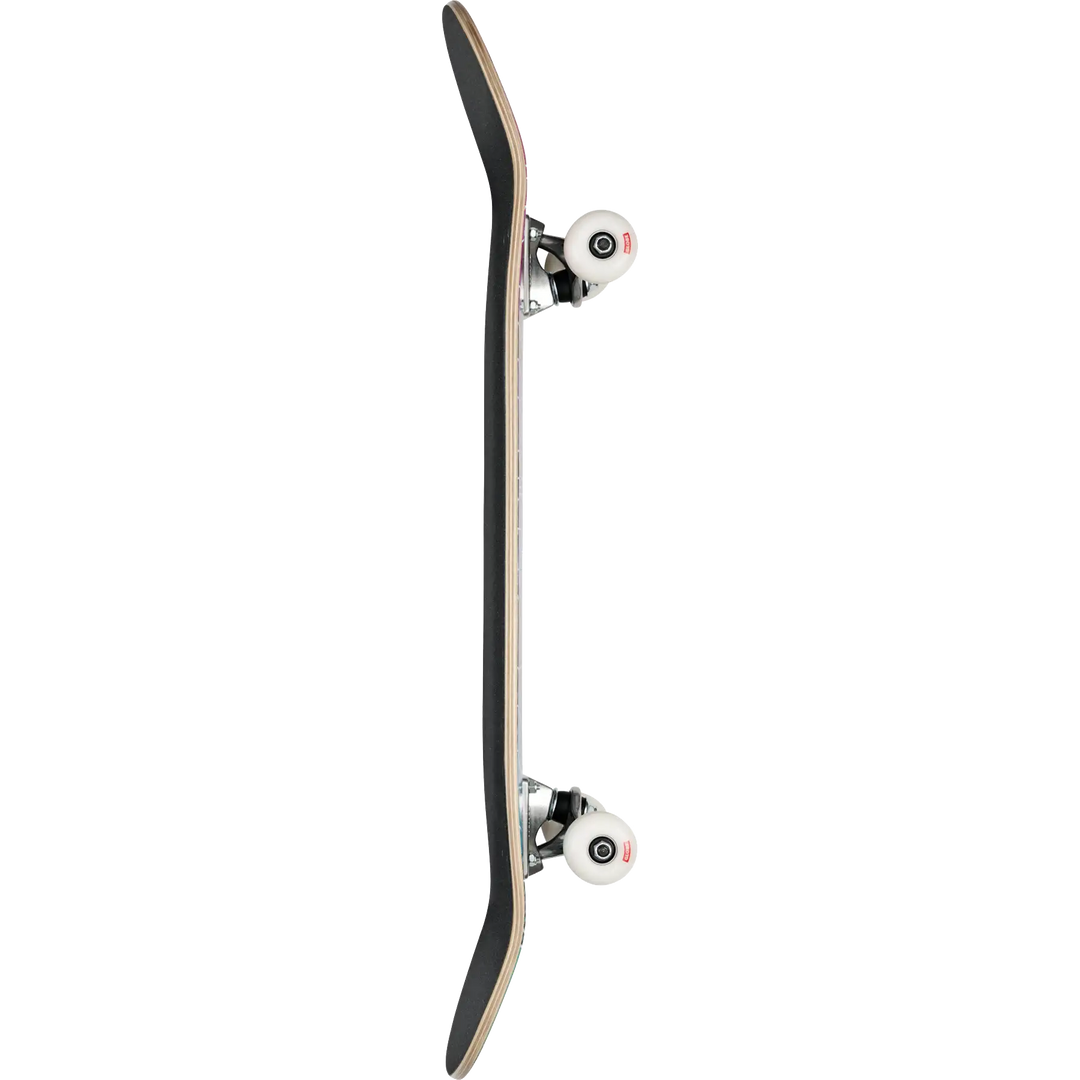 Skateboard with a black deck and white trucks on a white background