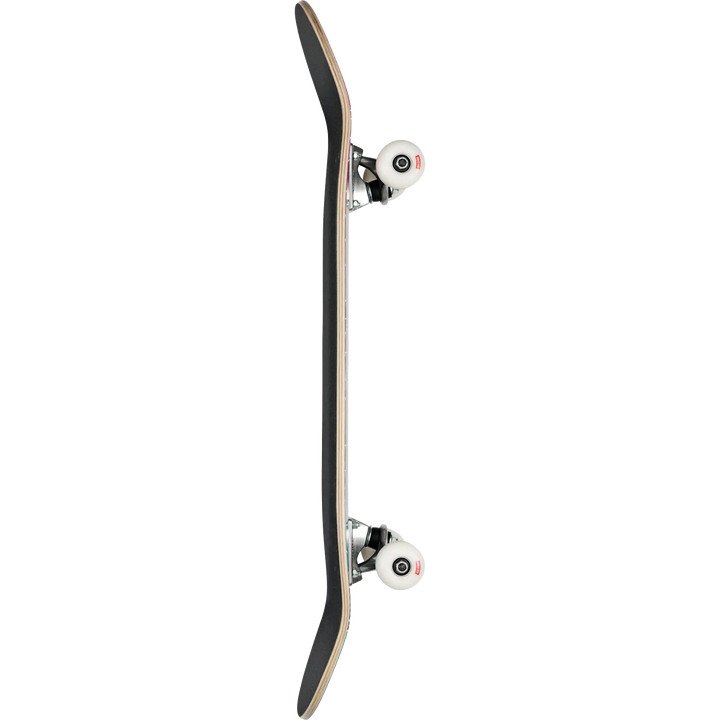 Skateboard with a black deck and white trucks on a white background