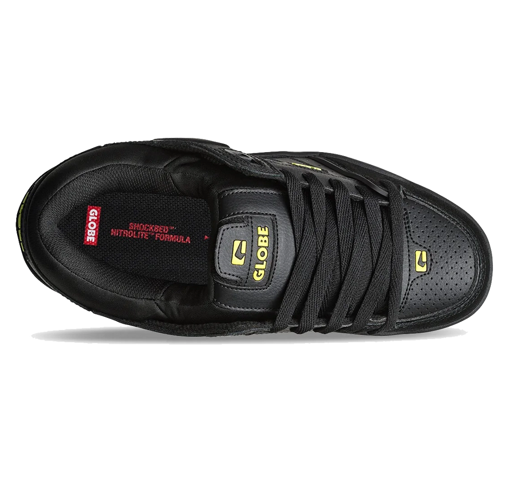 Black sneaker with visible globe branding 