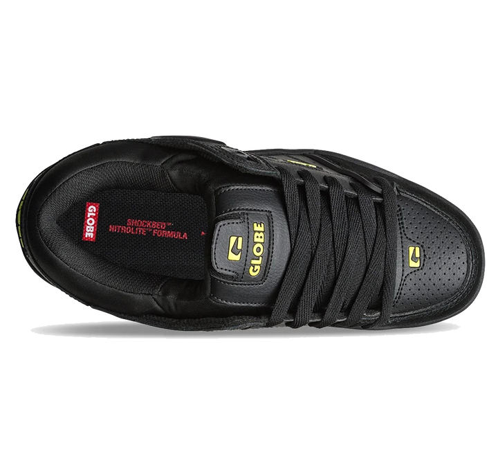 Black sneaker with visible globe branding 