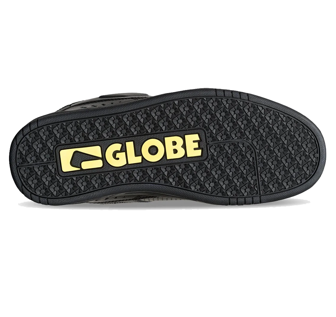 Globe logo on the sole of a black shoe
