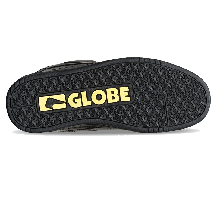 Globe logo on the sole of a black shoe