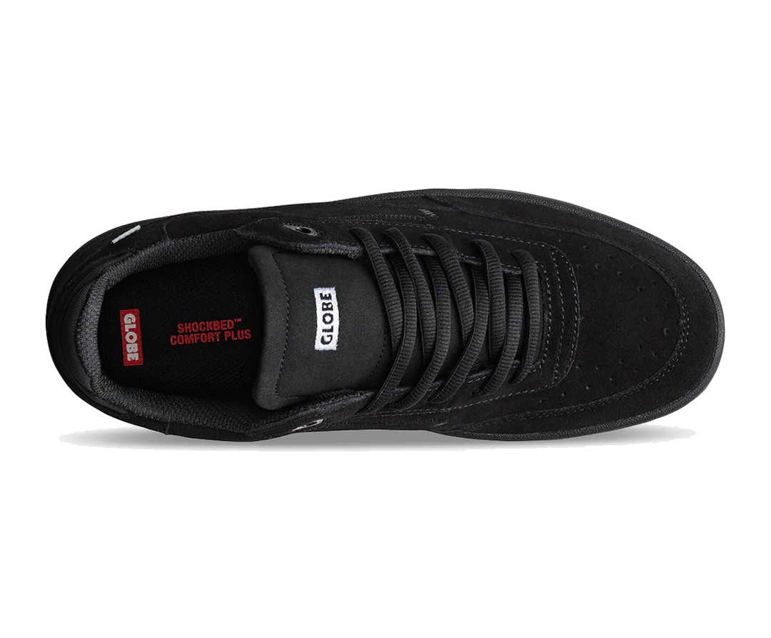 Black sneaker with visible branding on a white background