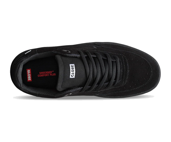 Black sneaker with visible branding on a white background
