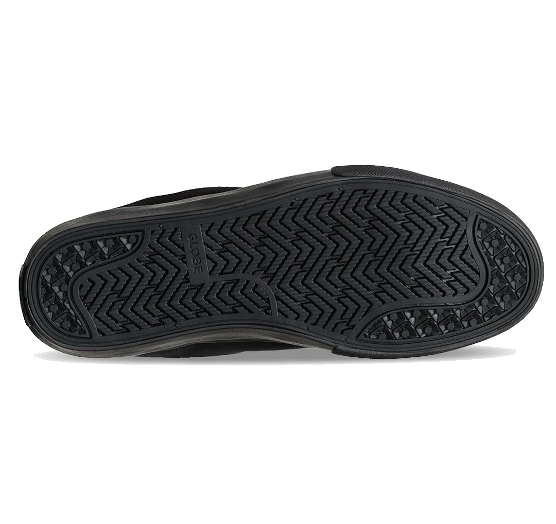 Black shoe sole with tread pattern on a white background