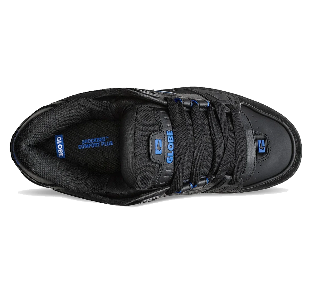 Black shoe with blue accents on a white background