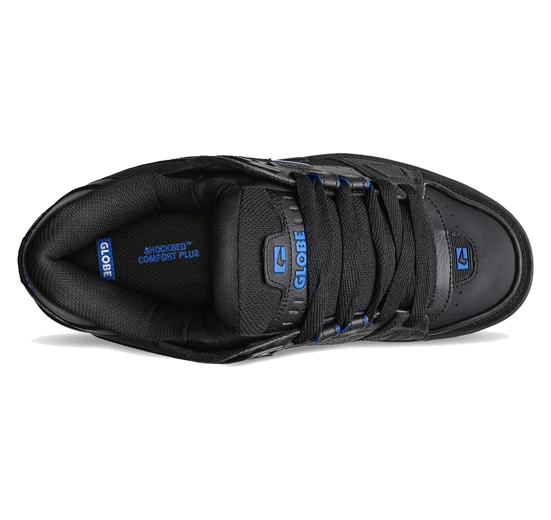 Black shoe with blue accents on a white background