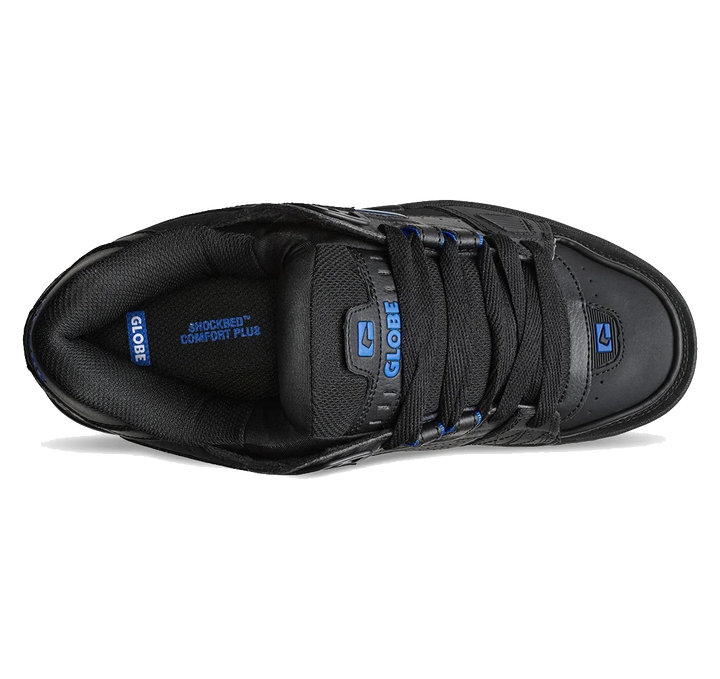 Black shoe with blue accents on a white background