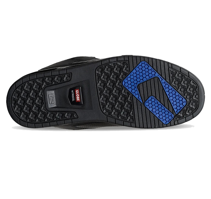 Black shoe sole with blue pattern on a white background