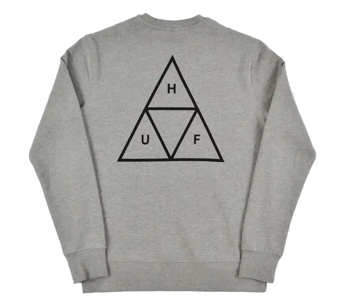 Grey heather HUF Essentials Triple Triangle crewneck with printed front and back logo graphics