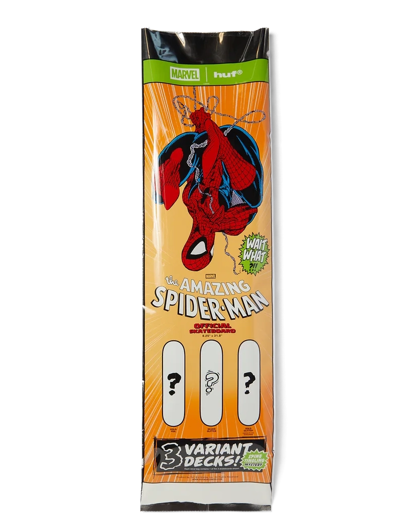 Marvel The Amazing Spider-Man Special Edition 3 Deck Mystery Pack, featuring a vibrant orange and yellow illustrated card sleeve with Spider-Man graphics and three mystery deck slots.