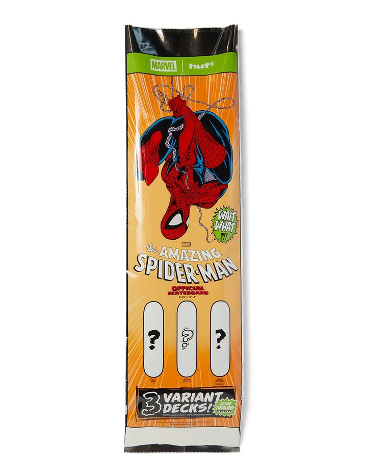 Marvel The Amazing Spider-Man Special Edition 3 Deck Mystery Pack, featuring a vibrant orange and yellow illustrated card sleeve with Spider-Man graphics and three mystery deck slots.