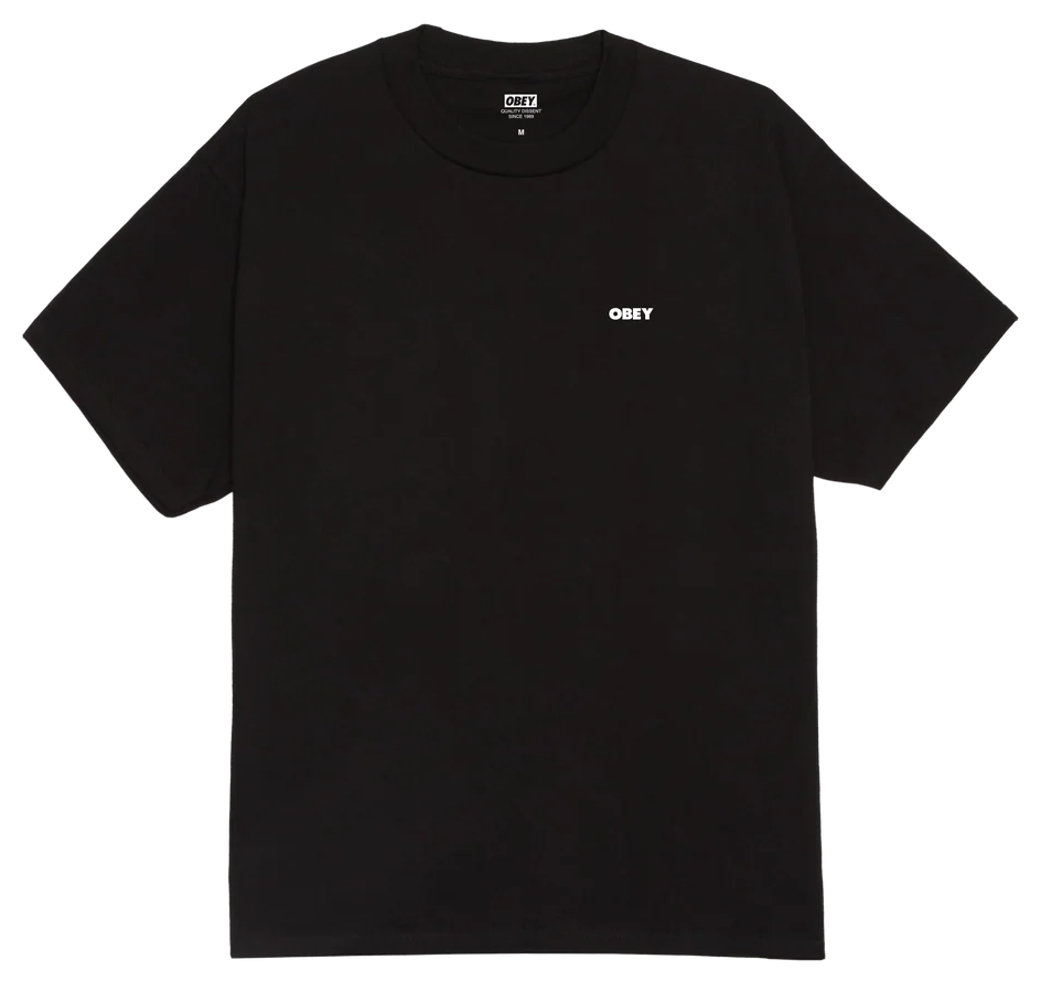 Black t-shirt with a small white logo on a white background