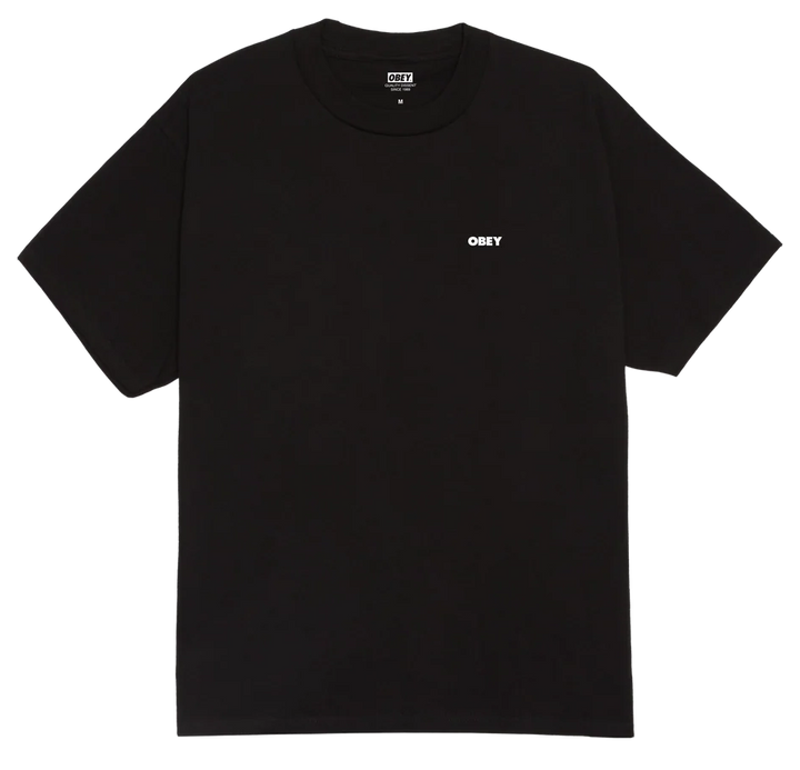 Black t-shirt with a small white logo on a white background