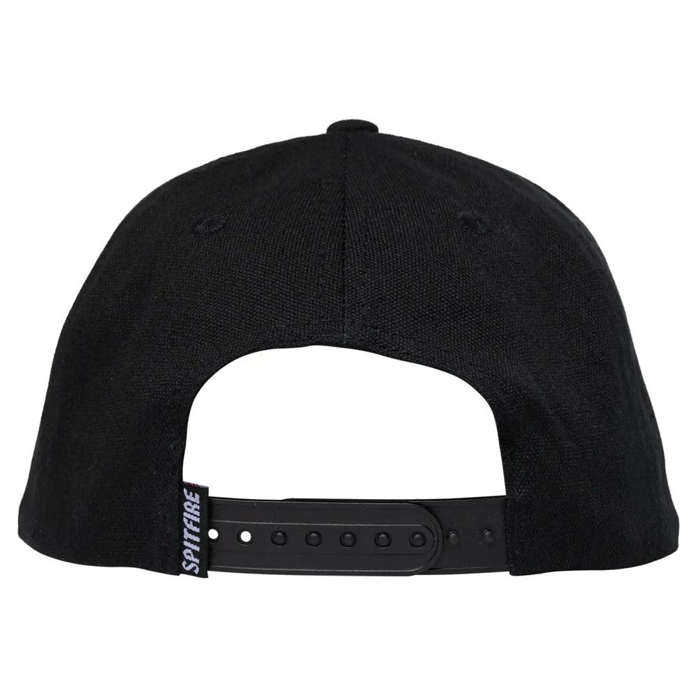 Black cap with a white logo on the back on a white background