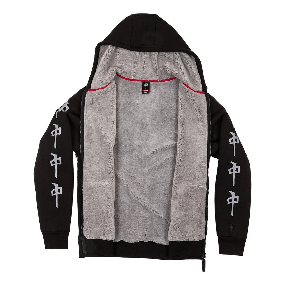 A black zip-up hoodie with a plush gray fleece lining, featuring white Chinese characters printed down both sleeves and a thin red piping detail along the inner collar.