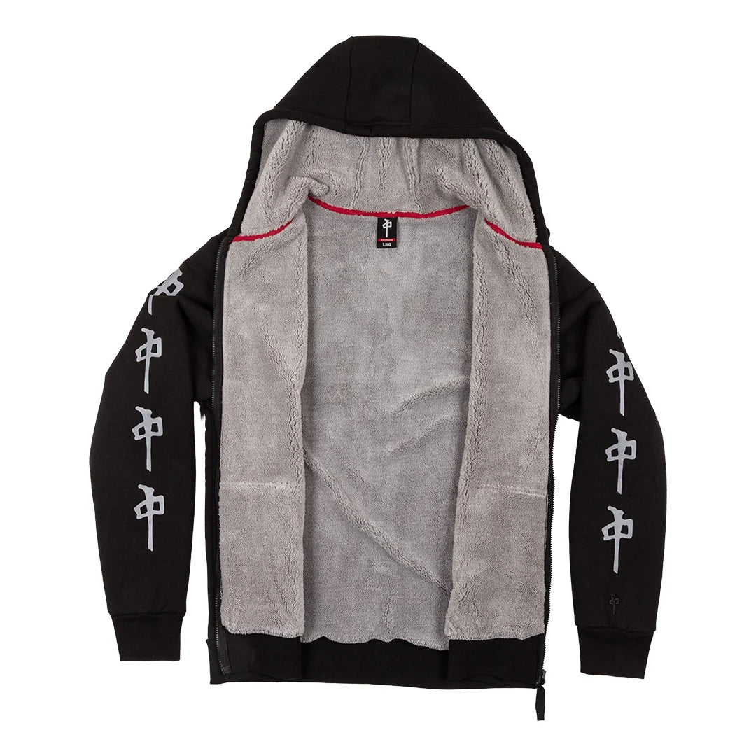 A black zip-up hoodie with a plush gray fleece lining, featuring white Chinese characters printed down both sleeves and a thin red piping detail along the inner collar.