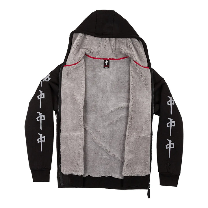 A black zip-up hoodie with a plush gray fleece lining, featuring white Chinese characters printed down both sleeves and a thin red piping detail along the inner collar.