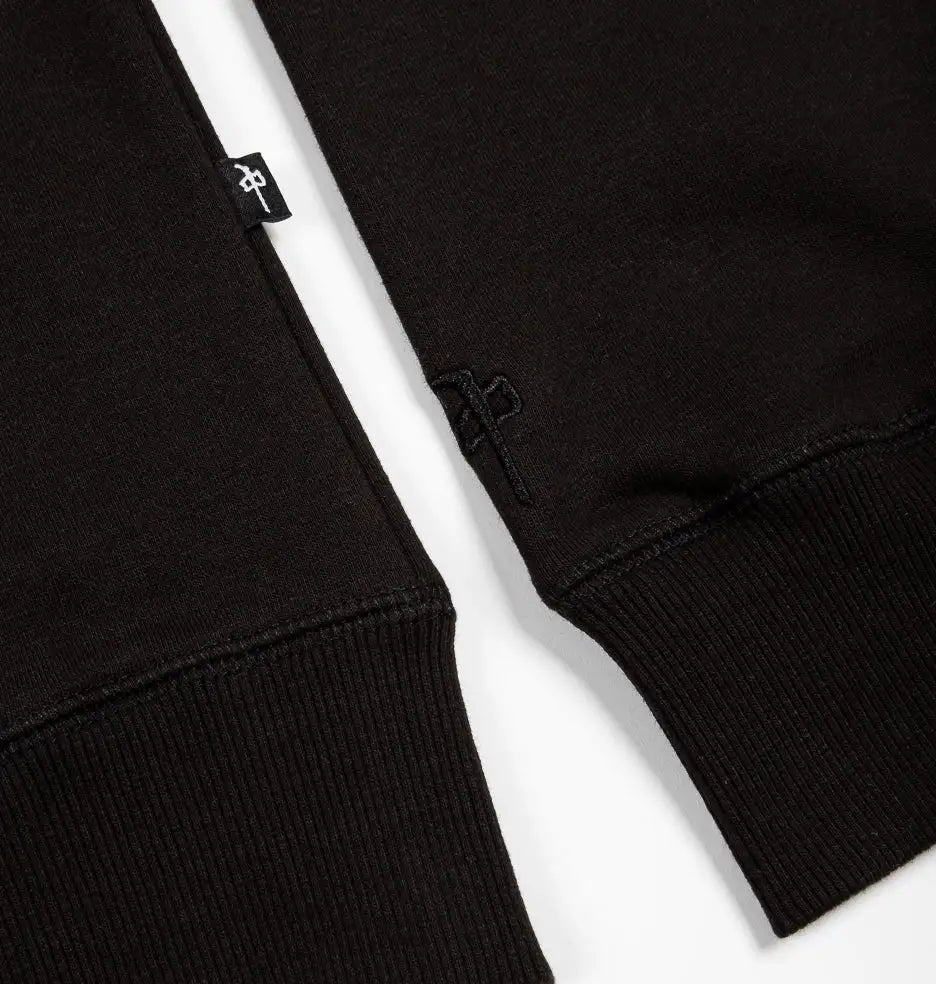 Black hoodie with a brand logo on a white background