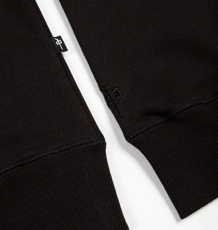 Black hoodie with a brand logo on a white background