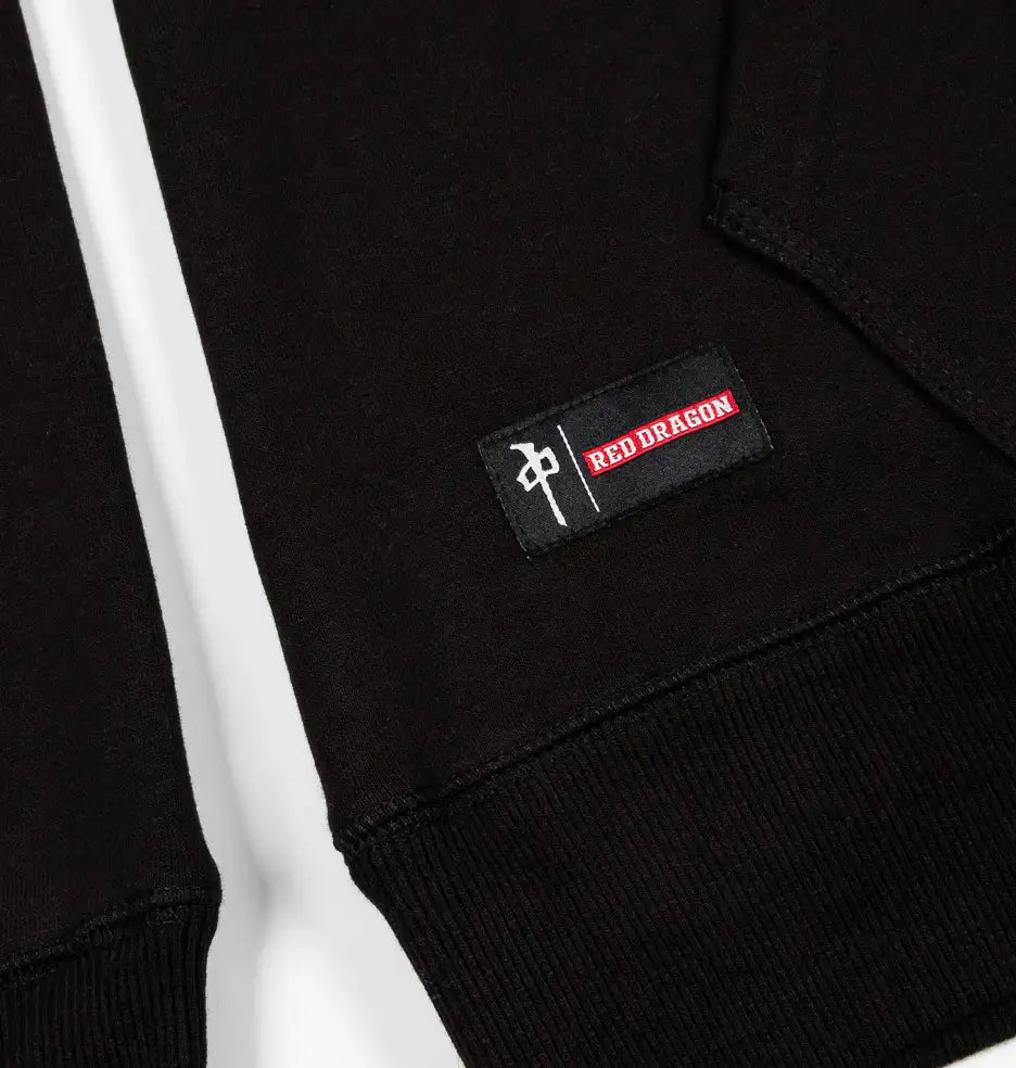 Black hoodie with a Red Dragon logo on a white background
